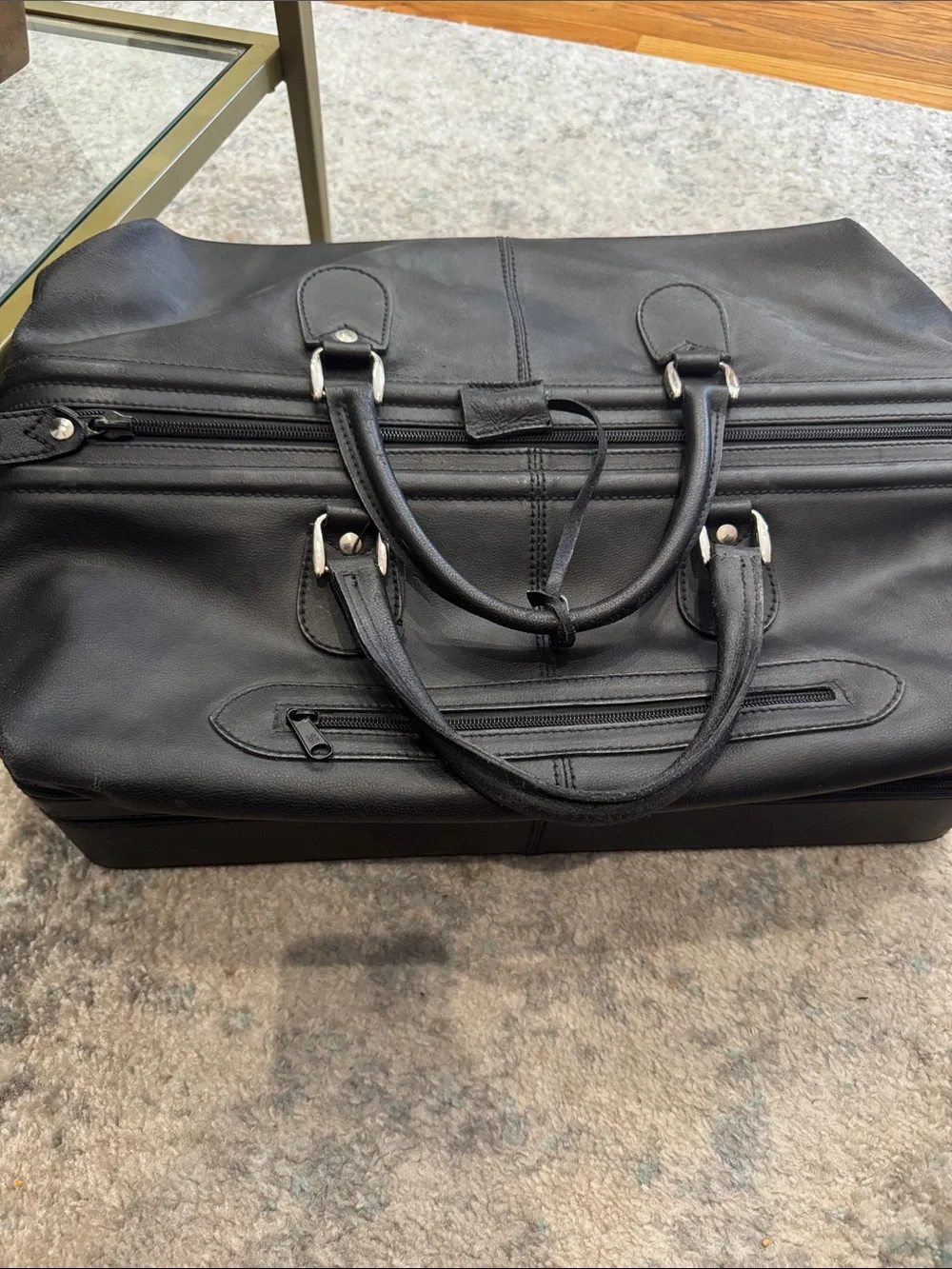 Luciano Barbera black and Cream Leather Weekender with Zip Pocket